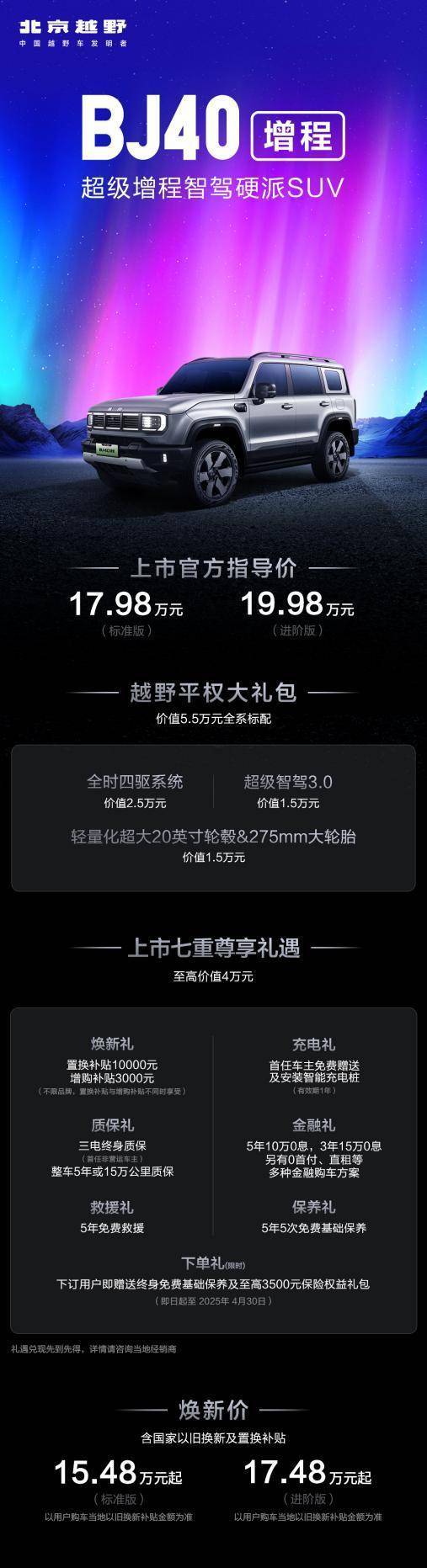 BJ40增程版上市,硬派SUV新選擇,煥新價(jià)低至15.48萬(wàn)元起!