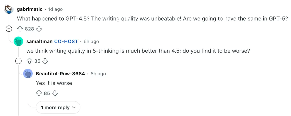 一些用戶認(rèn)為GPT-5寫作更差