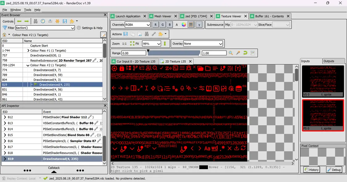 Inspecting Zed's rendering using RenderDoc. Here we're viewing the glyph atlas—a GPU texture that contains one copy of every glyph in the frame