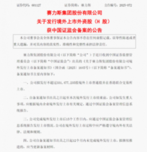 賽力斯:發(fā)行境外上市外資股(H股)獲中國(guó)證監(jiān)會(huì)備案 賽力斯:發(fā)行境外上市外資股(H股)獲中國(guó)證監(jiān)會(huì)備案